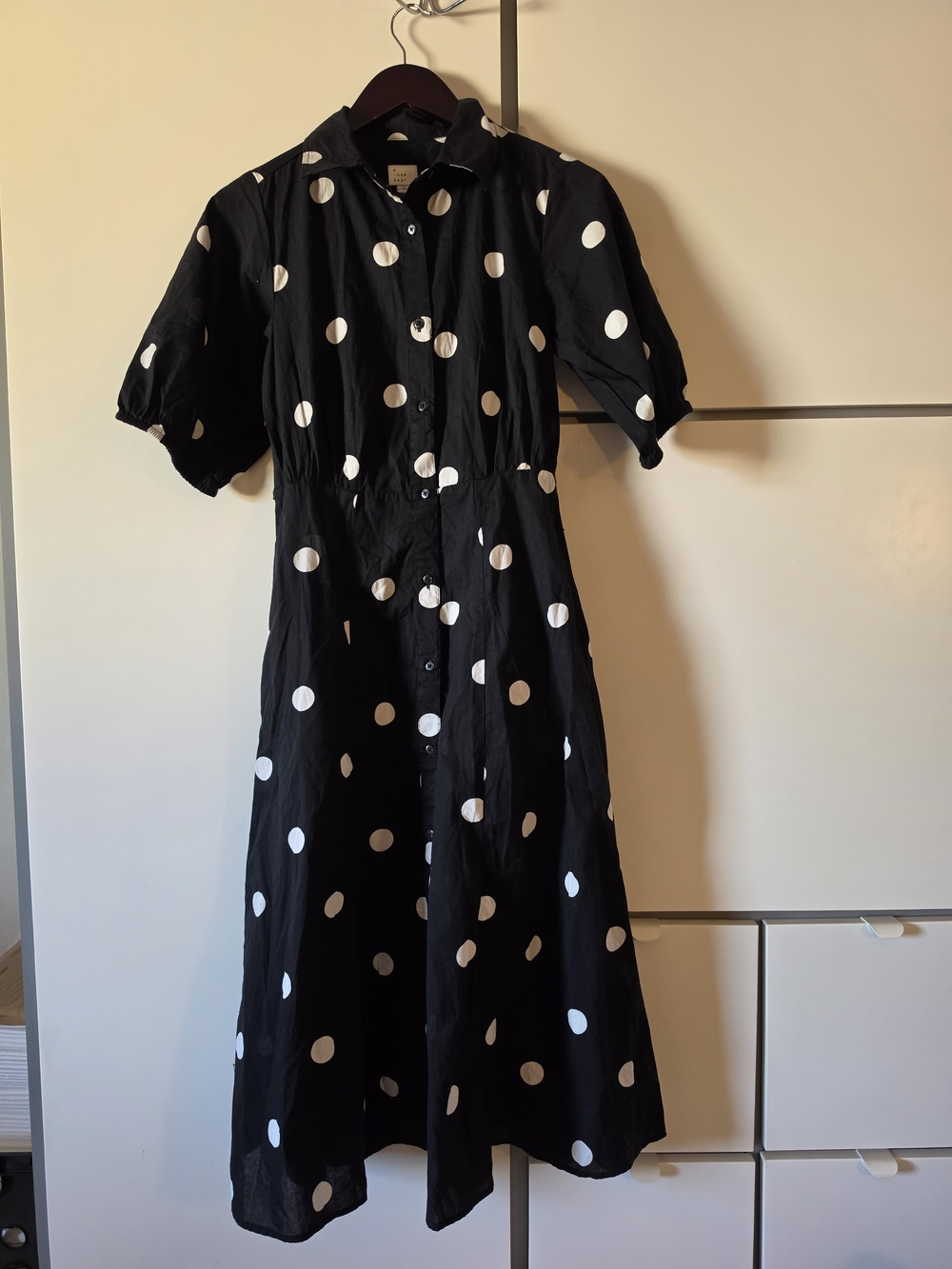 black midi shirt dress with white polka dots and short puff sleeves 
A new Day